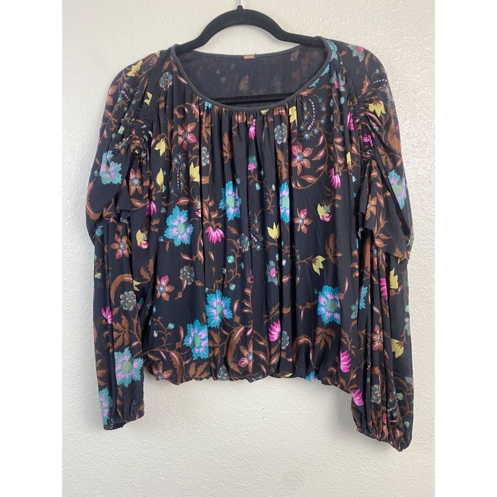 Free People Womens Top size Small Floral‎ Black Boho festival  Peasant Preppy